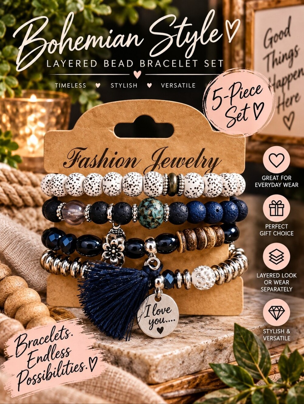 Bohemian Style Navy Blue & White Layered Bead Bracelet Set!!